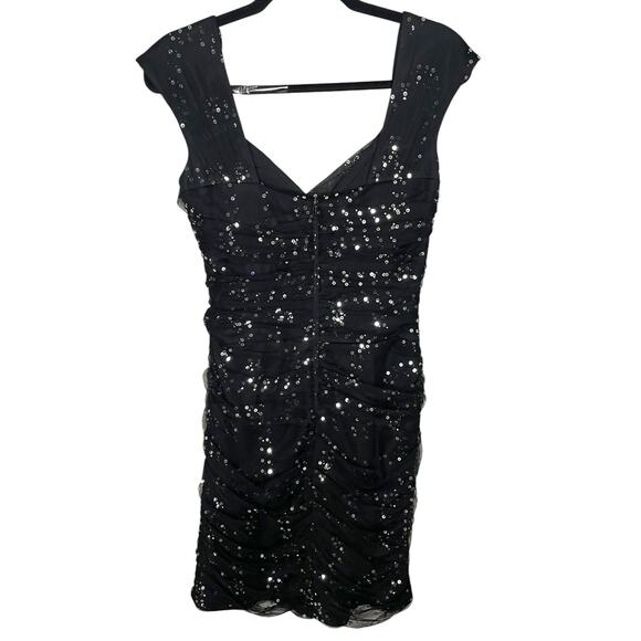 Y2K Modern Alex Evenings Black Tulle Silver Sequin Ruched Party Dress Glam - Picture 3 of 7